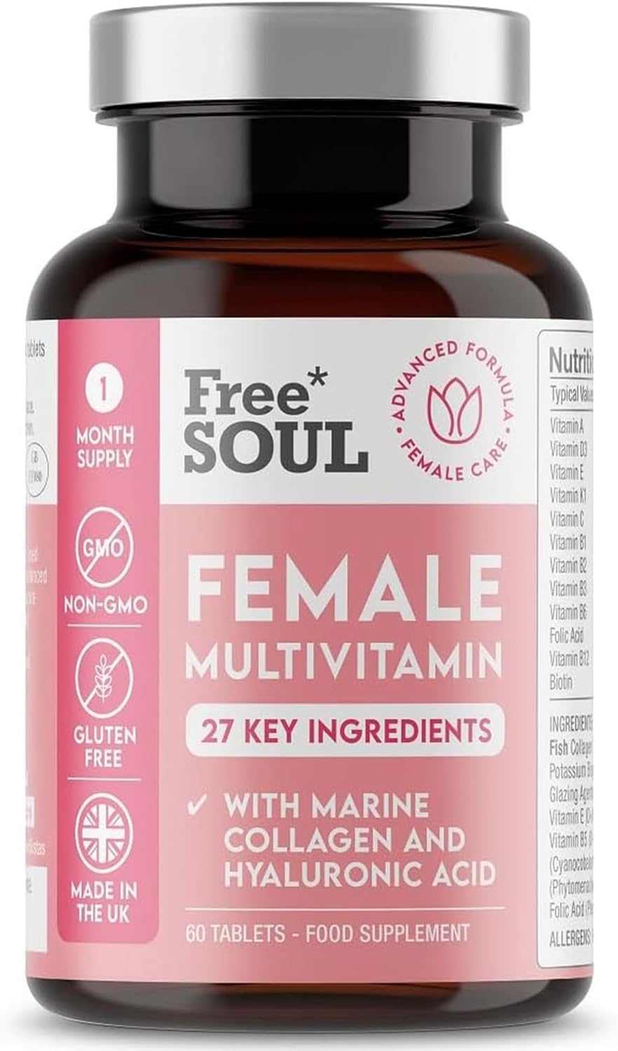 Women's Multivitamins & Minerals with Marine Collagen & Hyaluronic Acid – 27 Essential Vitamins, Minerals, & Botanicals – Gluten-Free & No Synthetic Fillers or Binders – 60 Tablets – Free Soul