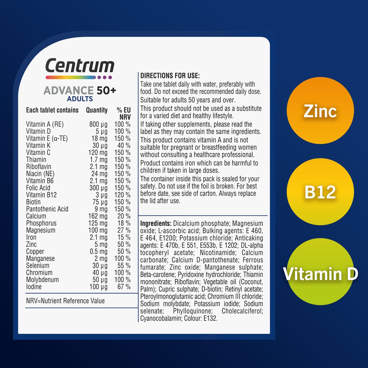 Centrum Advance 50+ Multivitamin Tablets for Men and Women, 100 Tablets, Vitamins with 24 Essential Nutrients, including Vitamin C, D, and Zinc (Packaging and Tablet colour may vary slightly)