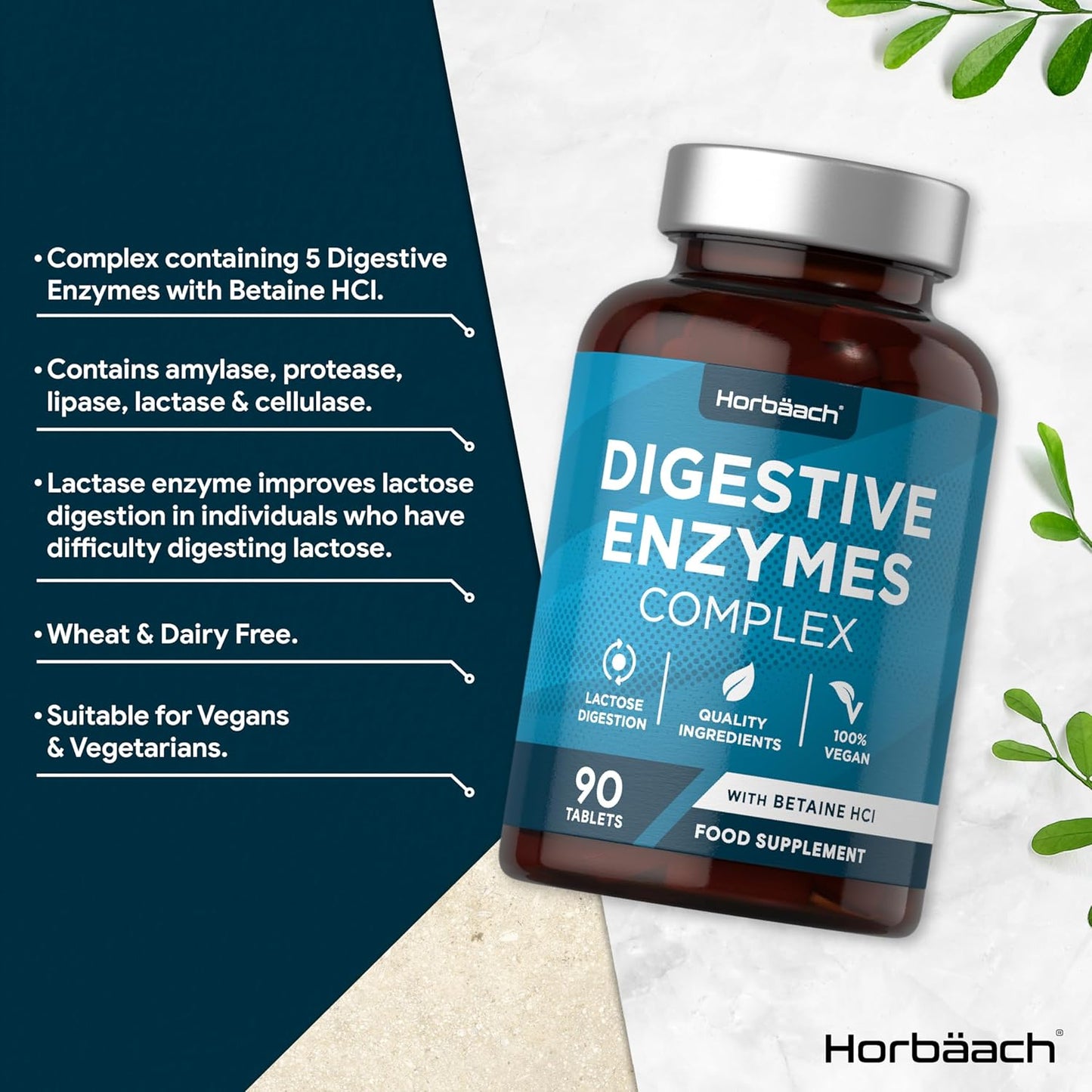 Digestive Enzymes Supplements with Betaine Hydrochloride | Complex Providing Amylase, Lactase & Lipase | 90 Vegan Tablets | High Strength | by Horbaach