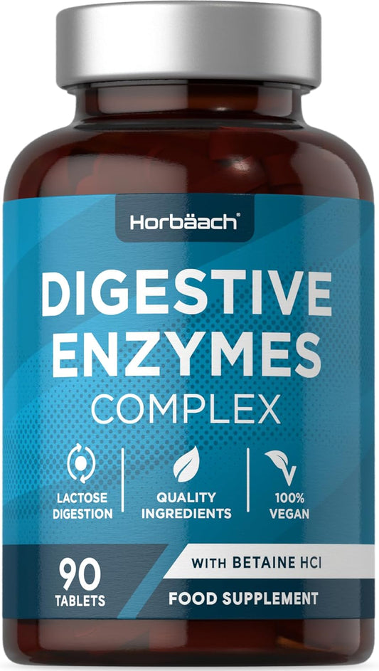 Digestive Enzymes Supplements with Betaine Hydrochloride | Complex Providing Amylase, Lactase & Lipase | 90 Vegan Tablets | High Strength | by Horbaach