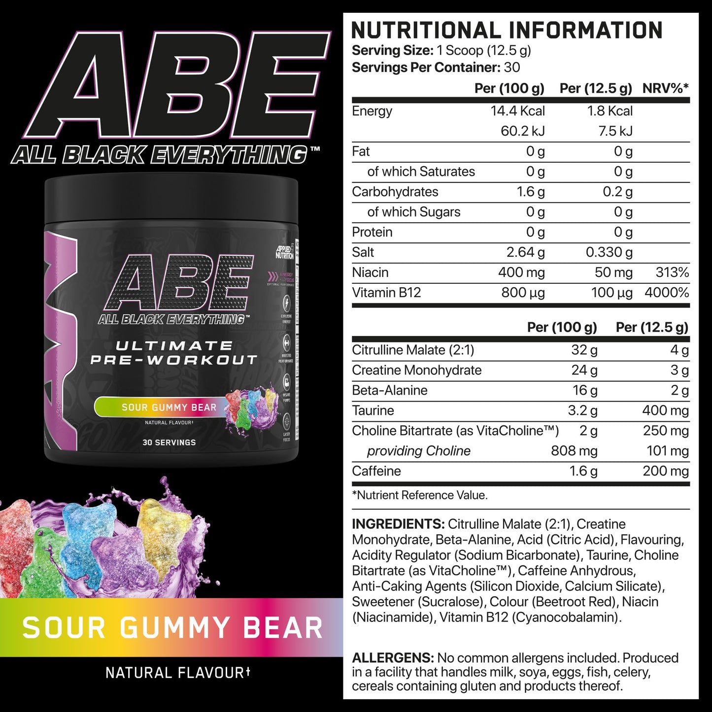 Applied Nutrition ABE Pre Workout - All Black Everything Pre Workout Powder, Energy & Physical Performance with Citrulline, Creatine, Beta Alanine (375g - 30 Servings) (Cherry Cola)