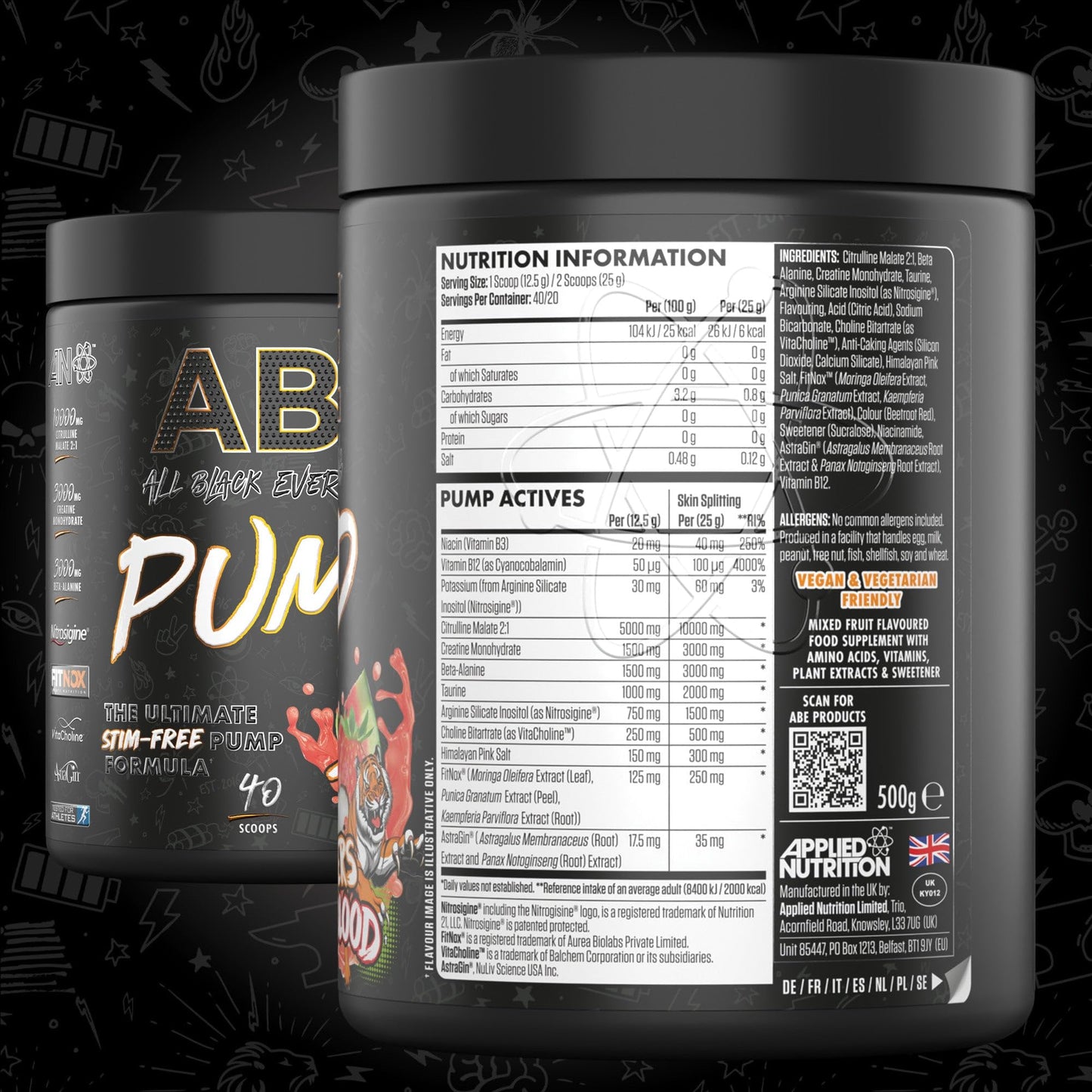 Applied Nutrition ABE Pump Pre Workout - All Black Everything Stim Free Pump Pre Workout Powder | Pump, Energy & Strength with Citrulline, Creatine, Beta-Alanine (500g - 40 Servings) (Tigers Blood)