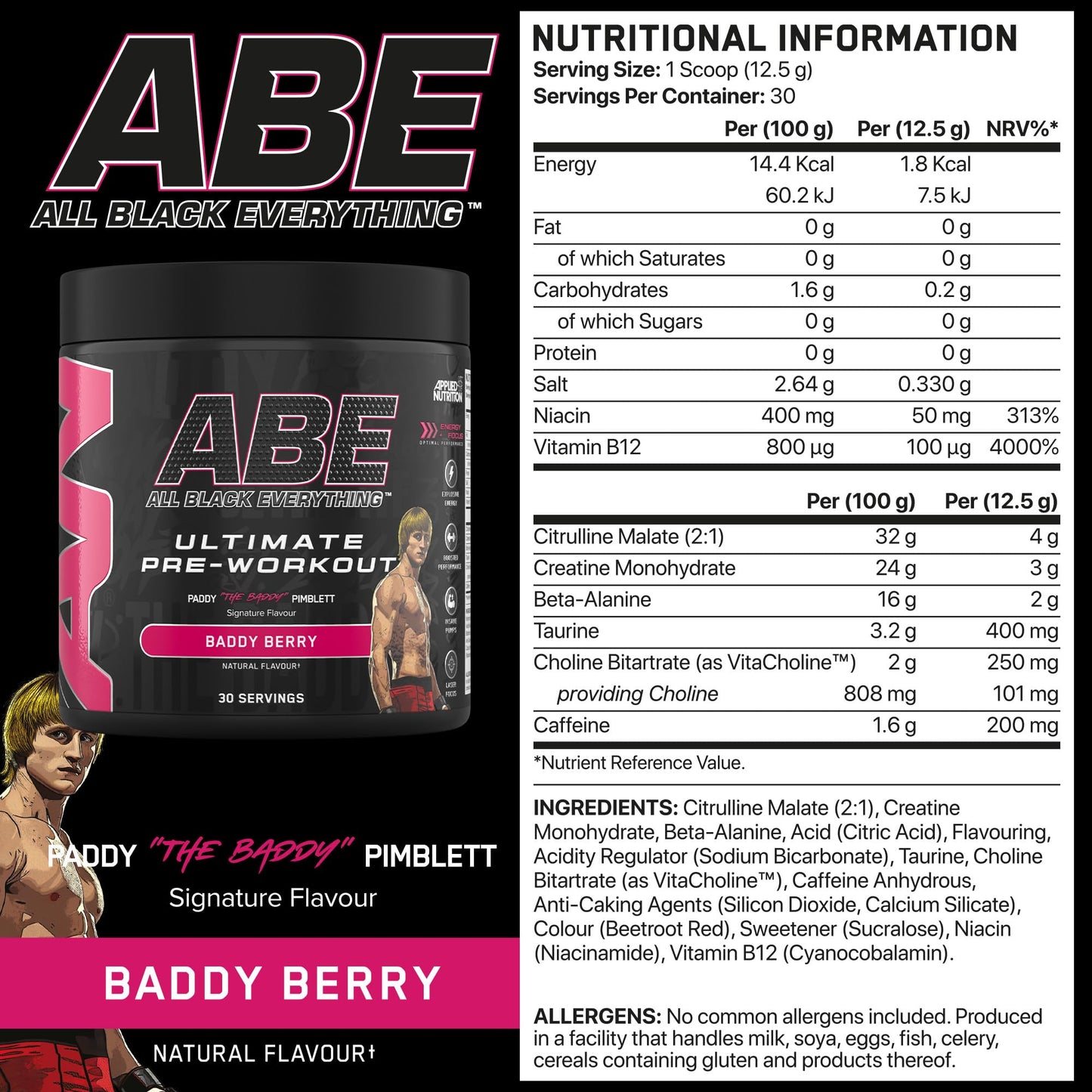 Applied Nutrition ABE Pre Workout - All Black Everything Pre Workout Powder, Energy & Physical Performance with Citrulline, Creatine, Beta Alanine (375g - 30 Servings) (Cherry Cola)