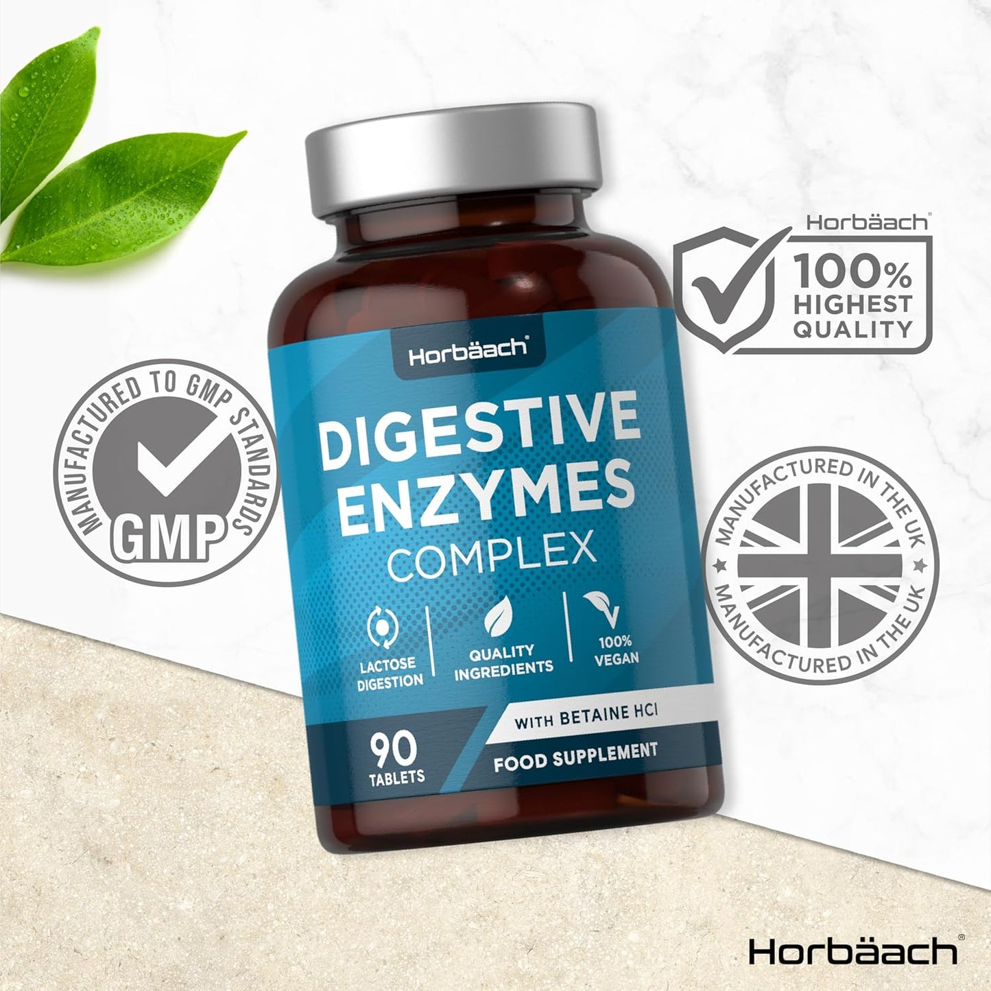 Digestive Enzymes Supplements with Betaine Hydrochloride | Complex Providing Amylase, Lactase & Lipase | 90 Vegan Tablets | High Strength | by Horbaach