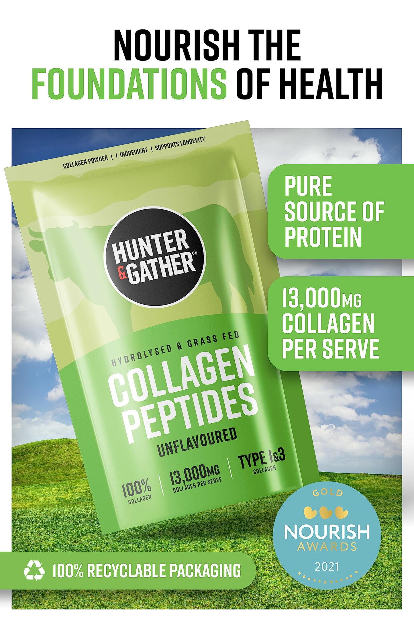 Hunter & Gather Bovine Collagen Powder Twin Pack | Pure Unflavoured Premium Hydrolysed Bovine Collagen Peptides Powder for Hair Skin Nails Muscles | Collagen Supplements for Women and Men