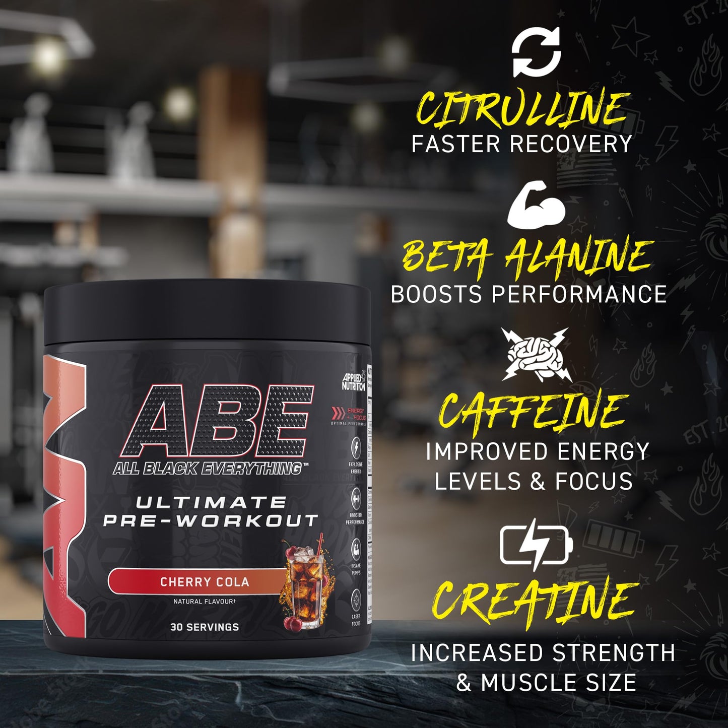 Applied Nutrition ABE Pre Workout - All Black Everything Pre Workout Powder, Energy & Physical Performance with Citrulline, Creatine, Beta Alanine (375g - 30 Servings) (Cherry Cola)