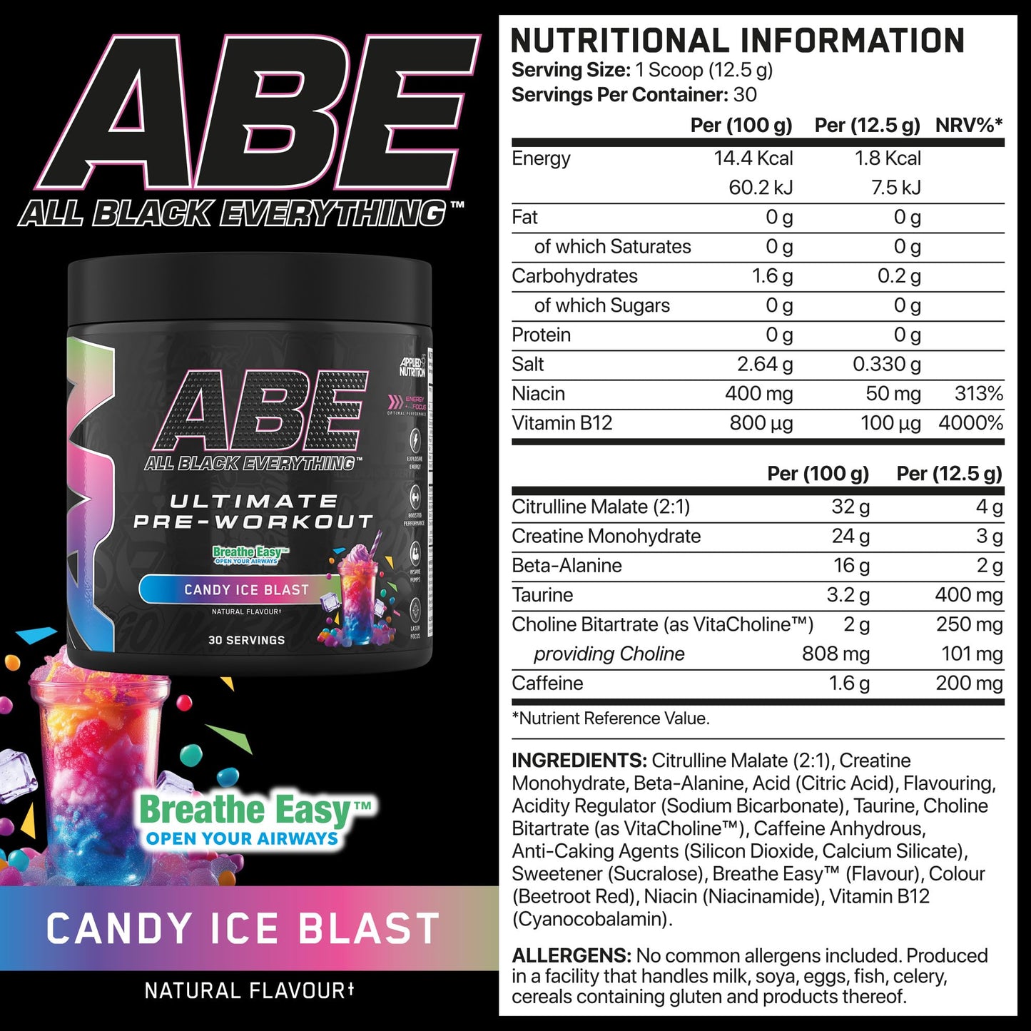 Applied Nutrition ABE Pre Workout - All Black Everything Pre Workout Powder, Energy & Physical Performance with Citrulline, Creatine, Beta Alanine (375g - 30 Servings) (Cherry Cola)