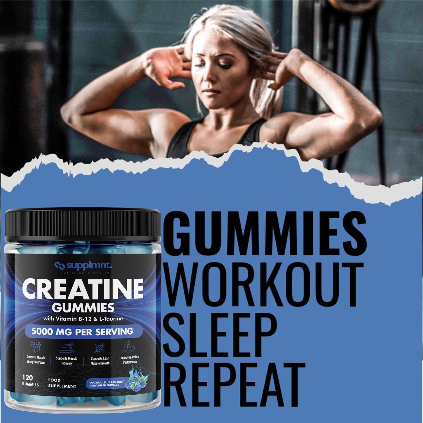 Creatine 120 Gummies Max 5000mg for Men & Women Creatine Monohydrate Plus B12 and L-Taurine Chewable Gummies, Blueberry Flavour 1 Month Supply (1 Count (Pack of 120), Blueberry)