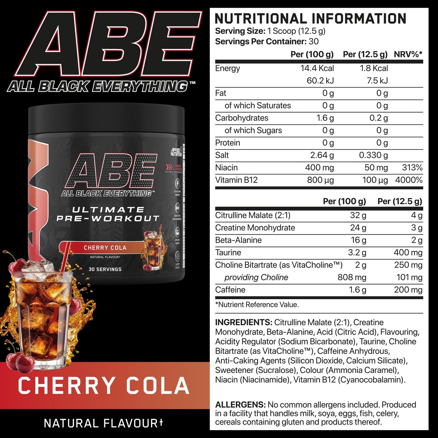 Applied Nutrition ABE Pre Workout - All Black Everything Pre Workout Powder, Energy & Physical Performance with Citrulline, Creatine, Beta Alanine (375g - 30 Servings) (Cherry Cola)