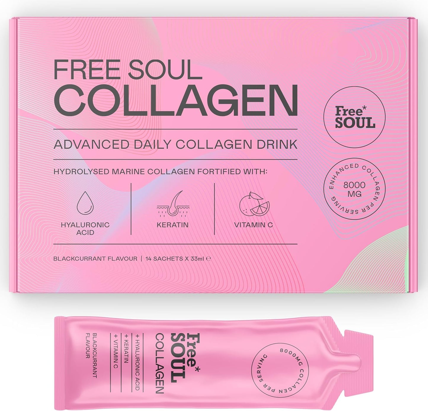 Marine Collagen Liquid 8000mg with Hyaluronic Acid, Keratin, & Vitamin C, 14 x 8000mg Hydrolysed Collagen Peptides Sachets, High Absorption Collagen Liquid Supplement by Free Soul