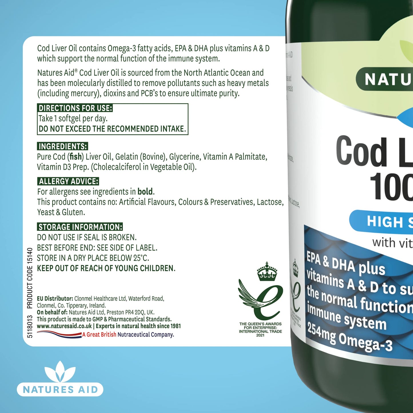 Natures Aid Cod Liver Oil, 1000 mg, 180 Softgel Capsules (High Strength, 254 mg Omega-3 with Vitamins A and D for Normal Function of the Immune System, Made in the UK)