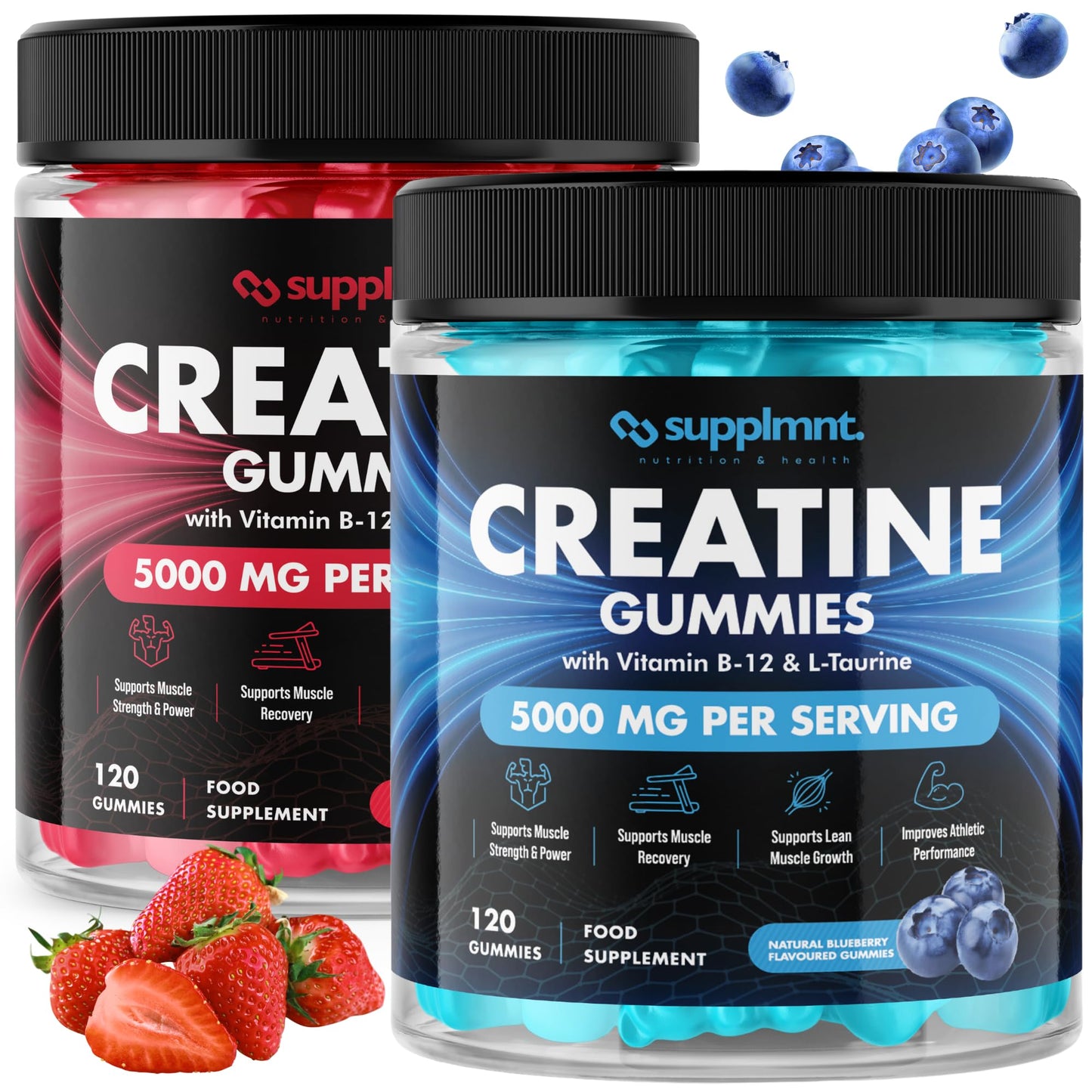 Creatine 120 Gummies Max 5000mg for Men & Women Creatine Monohydrate Plus B12 and L-Taurine Chewable Gummies, Blueberry Flavour 1 Month Supply (1 Count (Pack of 120), Blueberry)