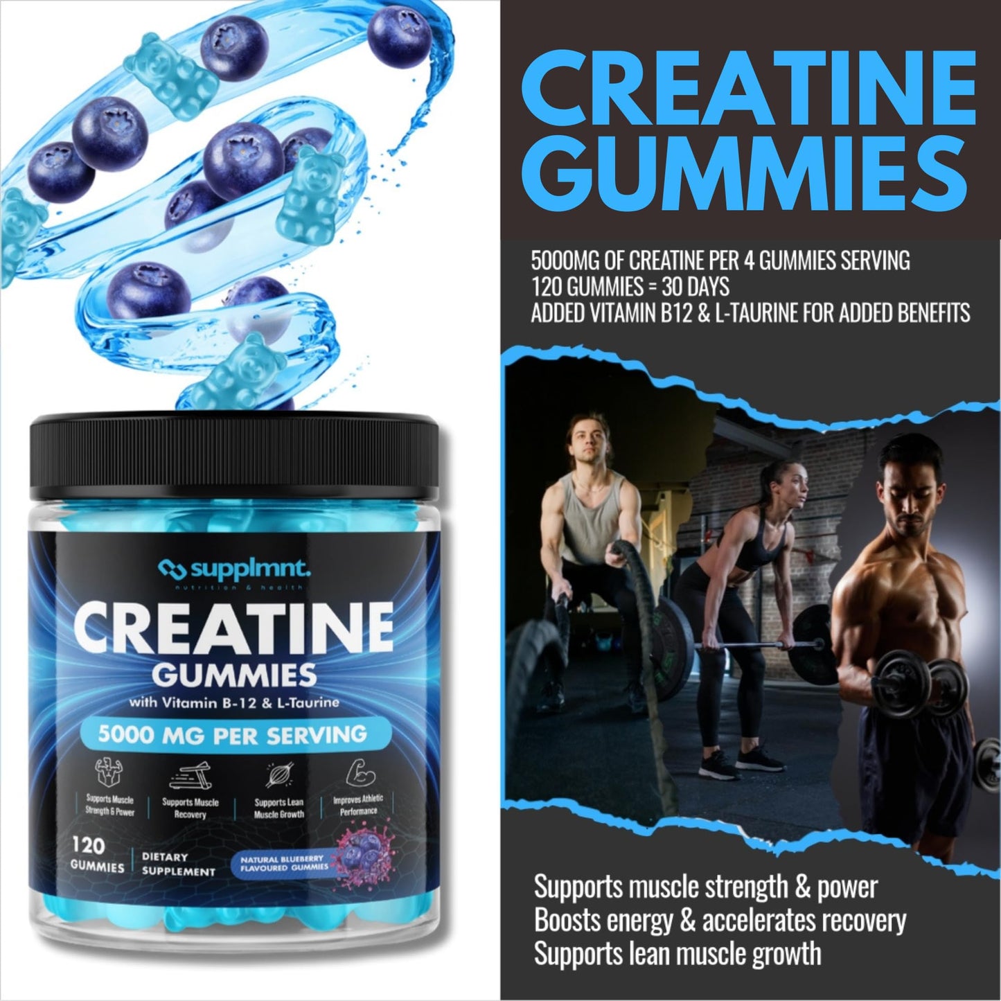 Creatine 120 Gummies Max 5000mg for Men & Women Creatine Monohydrate Plus B12 and L-Taurine Chewable Gummies, Blueberry Flavour 1 Month Supply (1 Count (Pack of 120), Blueberry)