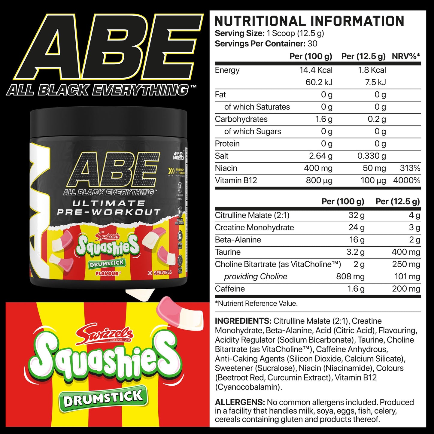 Applied Nutrition ABE Pre Workout - All Black Everything Pre Workout Powder, Energy & Physical Performance with Citrulline, Creatine, Beta Alanine (375g - 30 Servings) (Cherry Cola)