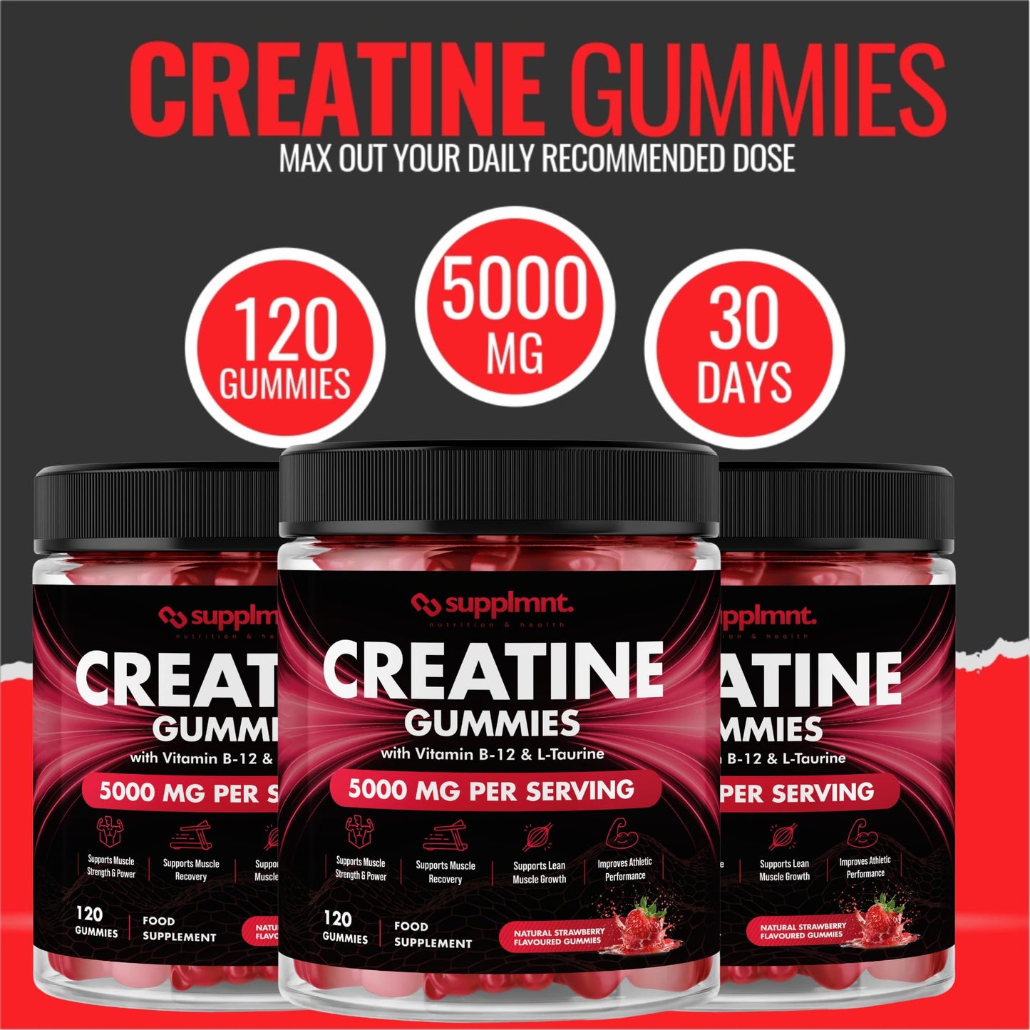 Creatine 120 Gummies Max 5000mg for Men & Women Creatine Monohydrate Plus B12 and L-Taurine Chewable Gummies, Blueberry Flavour 1 Month Supply (1 Count (Pack of 120), Blueberry)