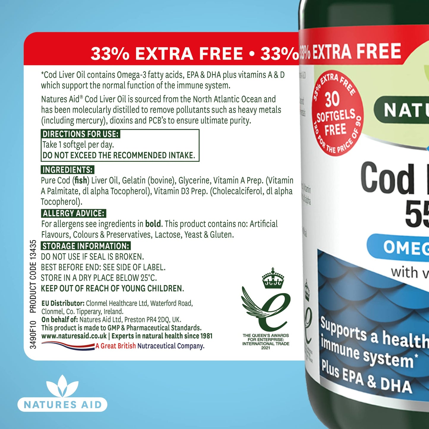 Natures Aid Cod Liver Oil, 1000 mg, 180 Softgel Capsules (High Strength, 254 mg Omega-3 with Vitamins A and D for Normal Function of the Immune System, Made in the UK)