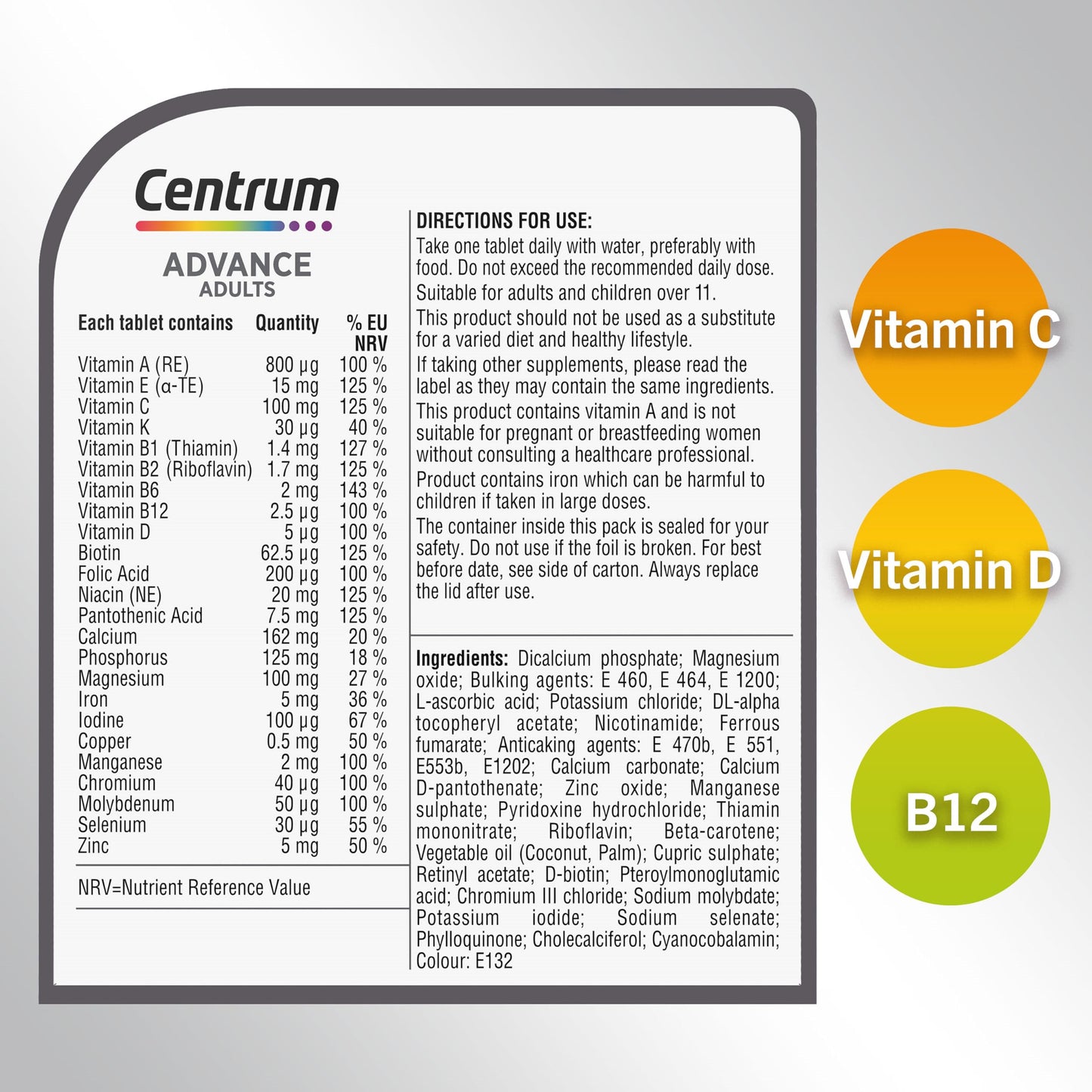 Centrum Advance Multivitamin & Mineral Supplements, 24 essential nutrients including vitamin D, C, Calcium, Daily Multivitamin Tablets, 180 (Packaging and Tablet colour may vary slightly)