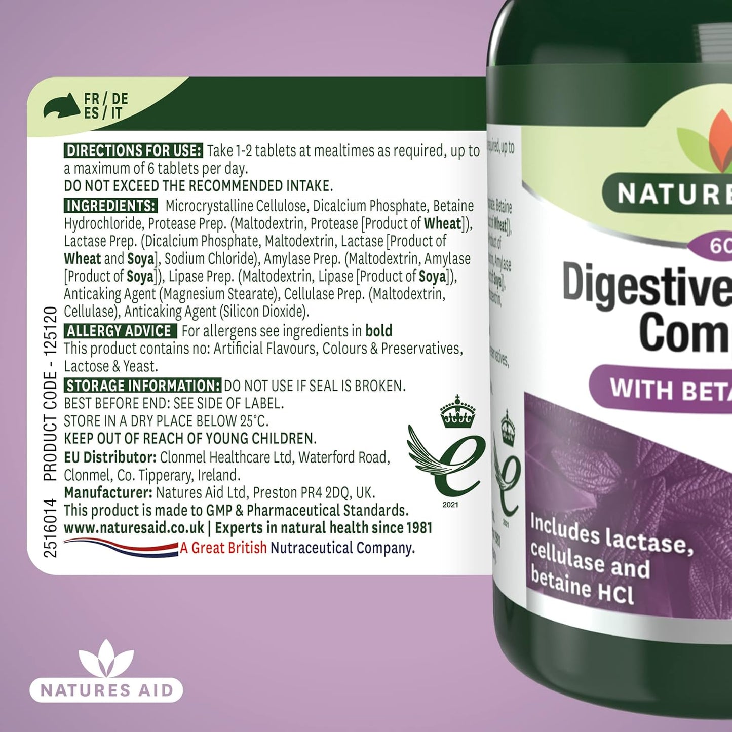 Natures Aid Digestive Enzyme Complex with Betaine Hydrochloride, Vegan, 60 Tablets