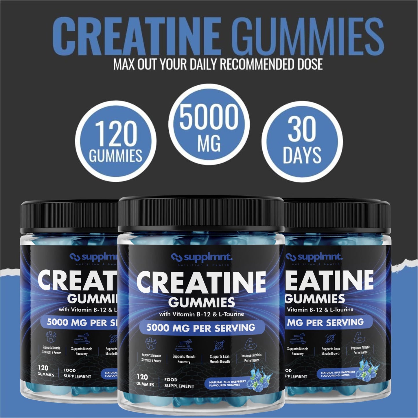 Creatine 120 Gummies Max 5000mg for Men & Women Creatine Monohydrate Plus B12 and L-Taurine Chewable Gummies, Blueberry Flavour 1 Month Supply (1 Count (Pack of 120), Blueberry)