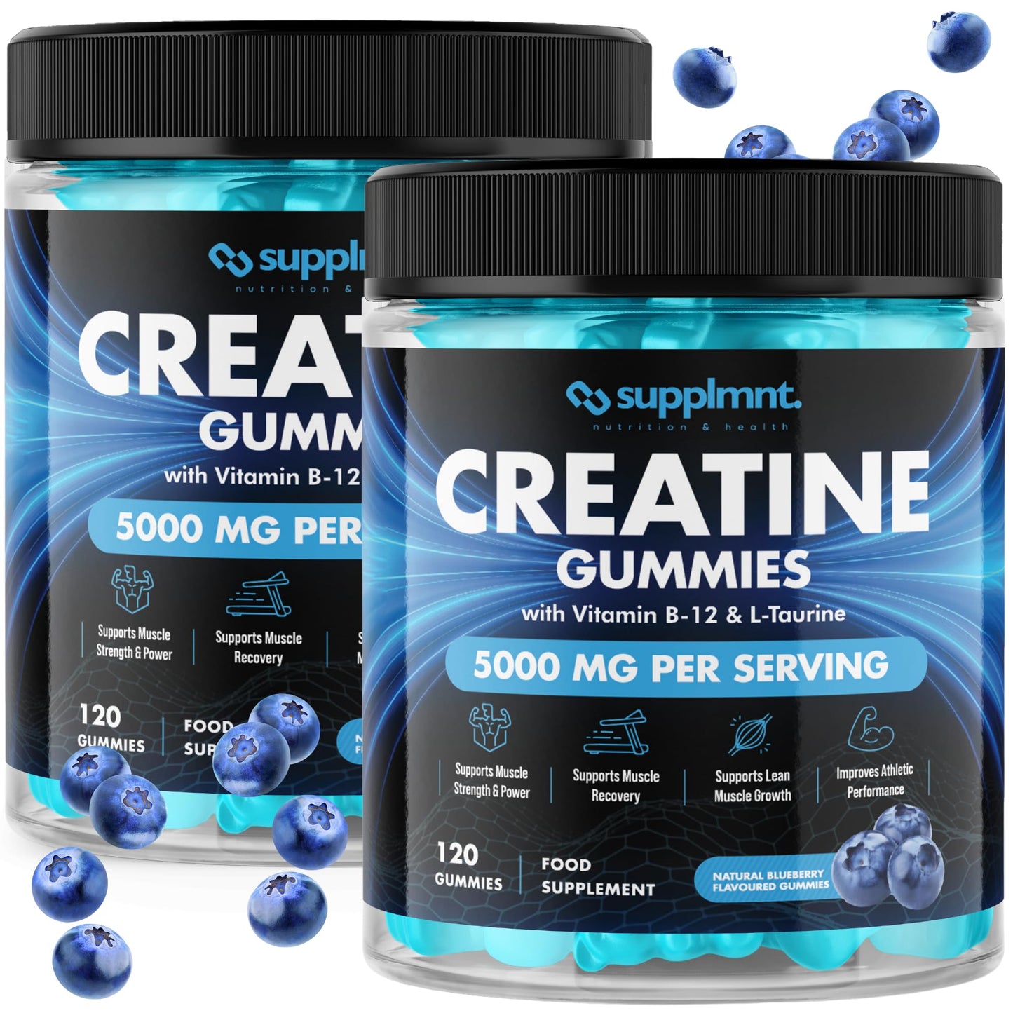 Creatine 120 Gummies Max 5000mg for Men & Women Creatine Monohydrate Plus B12 and L-Taurine Chewable Gummies, Blueberry Flavour 1 Month Supply (1 Count (Pack of 120), Blueberry)