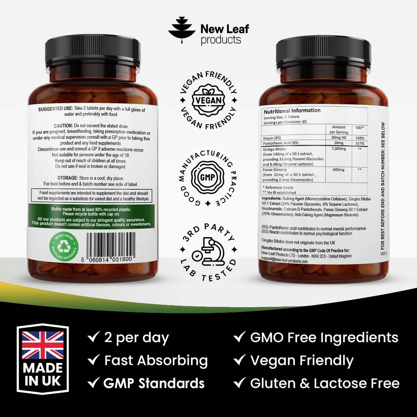 Ginkgo Biloba and Korean Ginseng Tablets - 7000mg Ginkgo Biloba Herbal Supplements & 600mg Panax Ginseng High Strength Ginseng Extract - Enriched with Vitamin B3 & B5-120 Vegan Tablets