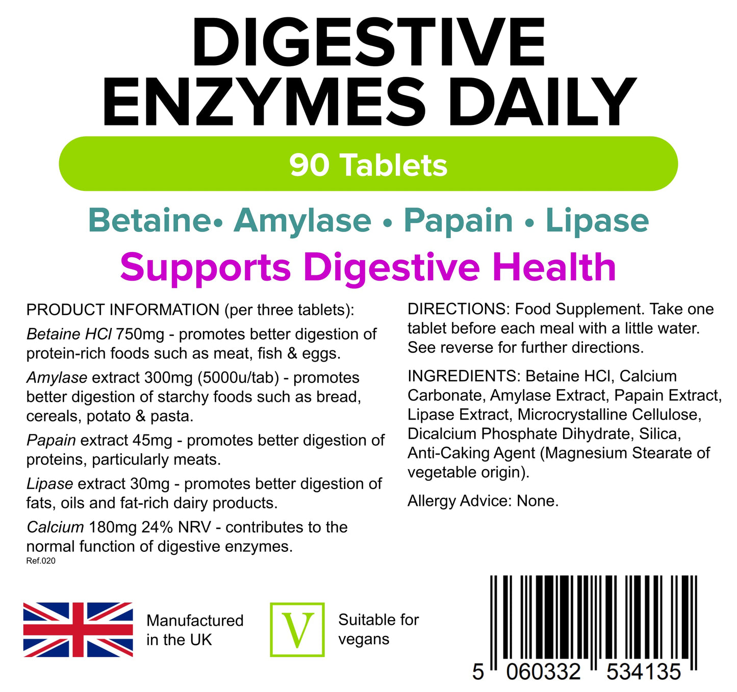 Lindens - Digestive Enzymes Daily Tablets - 90 Tablets - UK Made - Contains Betaine Hcl, Papain, Amylase & Lipase to Promote Better Digestion - Letterbox Friendly, Vegan