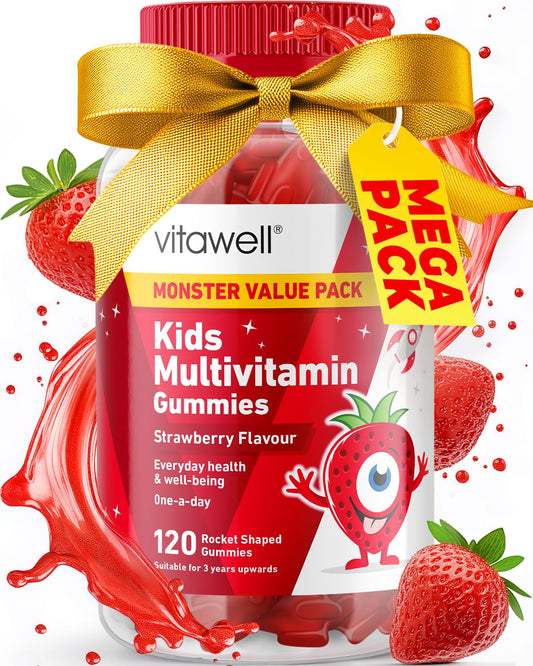 Vitawell Kids Multivitamin Gummies - 120 Natural Strawberry Flavour (4 Month Supply) | Chewable Kids Multivitamin Chews | Vitamin D3, A, E, C, B6, B12 | No Artificial Colours, Flavours, Preservatives