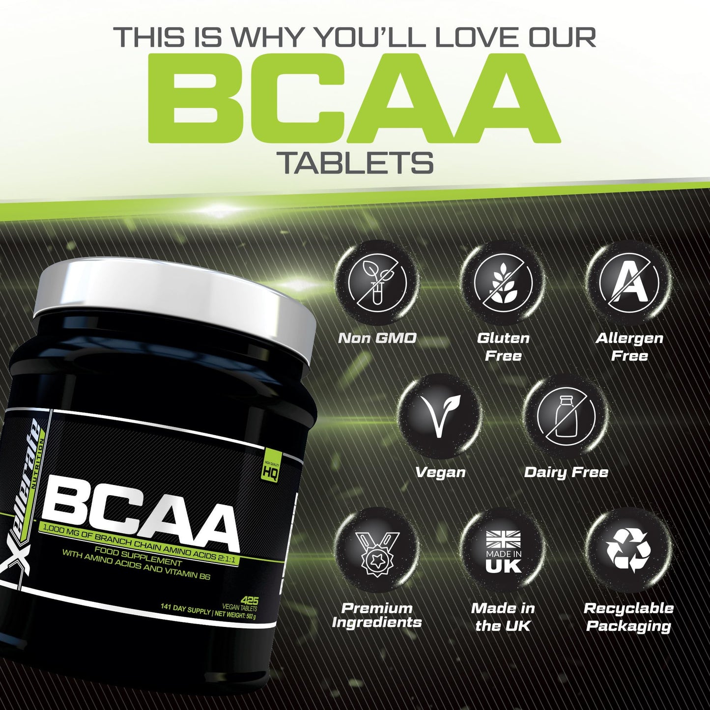 BCAA 2:1:1-3000mg per Serving - 425 Vegan Tablets (not Capsules or Powder) - 4.5 Month Supply - Pre Workout Branched Chain Amino Acids + Vitamin B6 - Made in The UK - Xellerate Nutrition