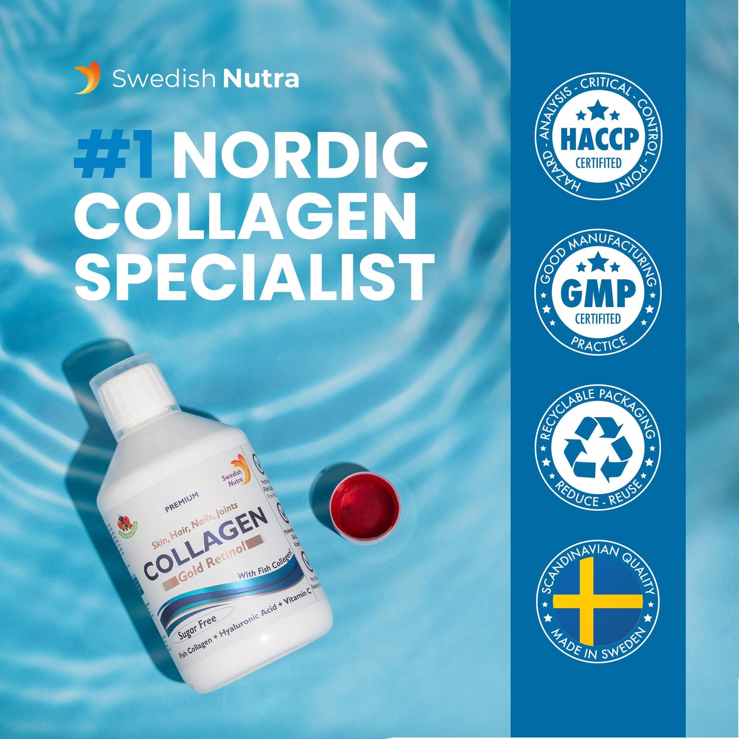 Swedish Nutra - Liquid Marine Collagen 10000mg - Pack of 500ml I Hydrolyzed Collagen Peptides (Type I & III) I Minimize Fine Lines, Wrinkles I Hyaluronic Acid, Biotin, Vitamin C - 20 Day Supply