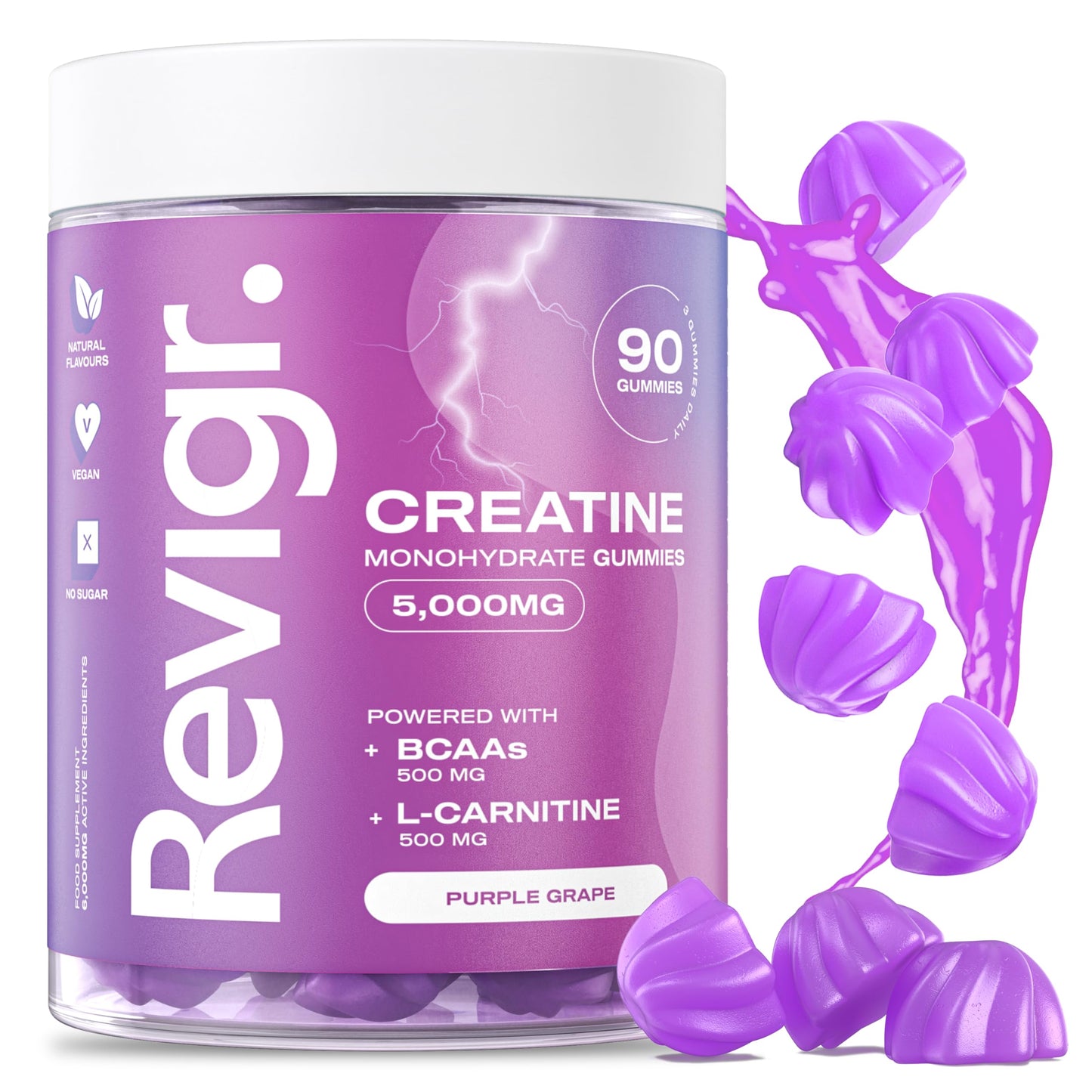 Revigr, Max 5000mg, 90 Creatine Monohydrate Gummies, Added 500mg BCAAs + 500mg L-Carnitine, Vegan & Sugar-Free, Premium Pre-Workout, Gym Supplement (1 Month Supply) (Purple Grape)