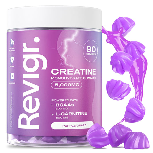 Revigr, Max 5000mg, 90 Creatine Monohydrate Gummies, Added 500mg BCAAs + 500mg L-Carnitine, Vegan & Sugar-Free, Premium Pre-Workout, Gym Supplement (1 Month Supply) (Purple Grape)