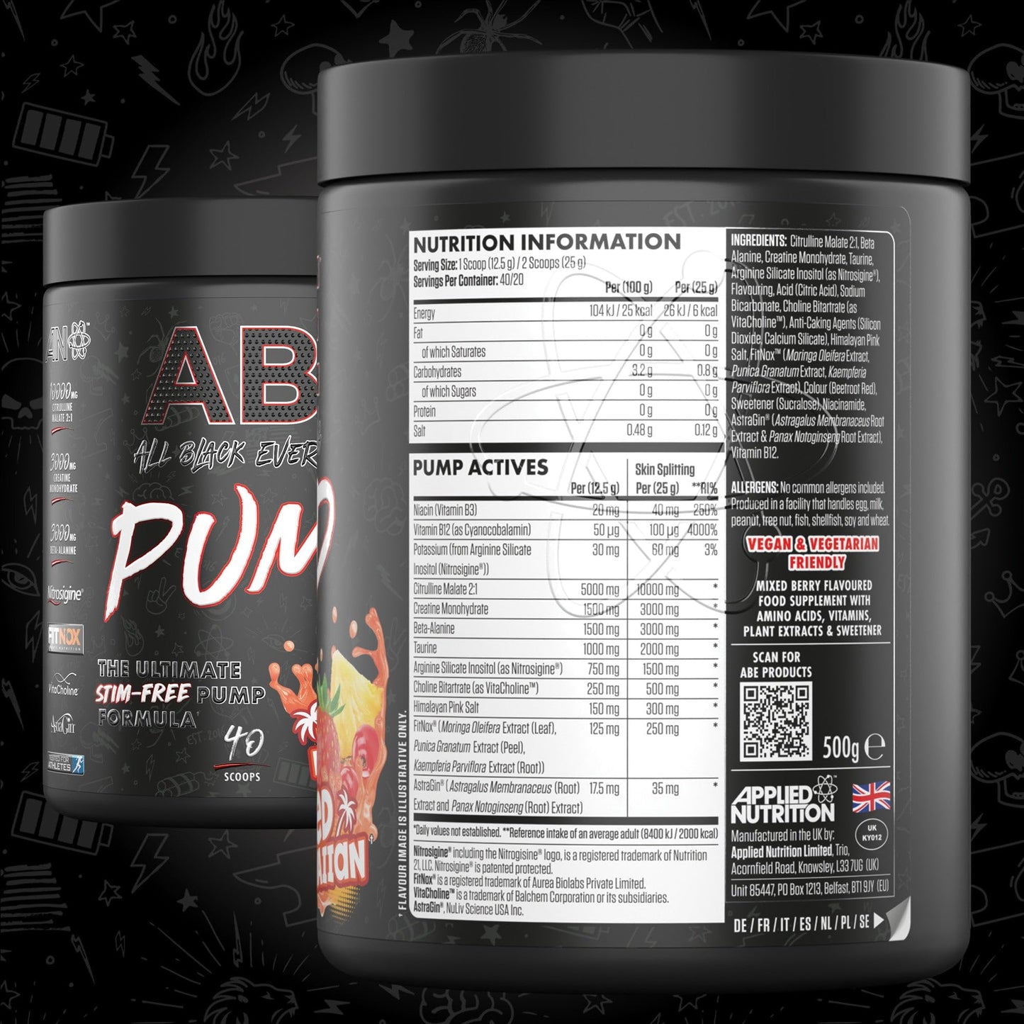 Applied Nutrition ABE Pump Pre Workout - All Black Everything Stim Free Pump Pre Workout Powder | Pump, Energy & Strength with Citrulline, Creatine, Beta-Alanine (500g - 40 Servings) (Tigers Blood)