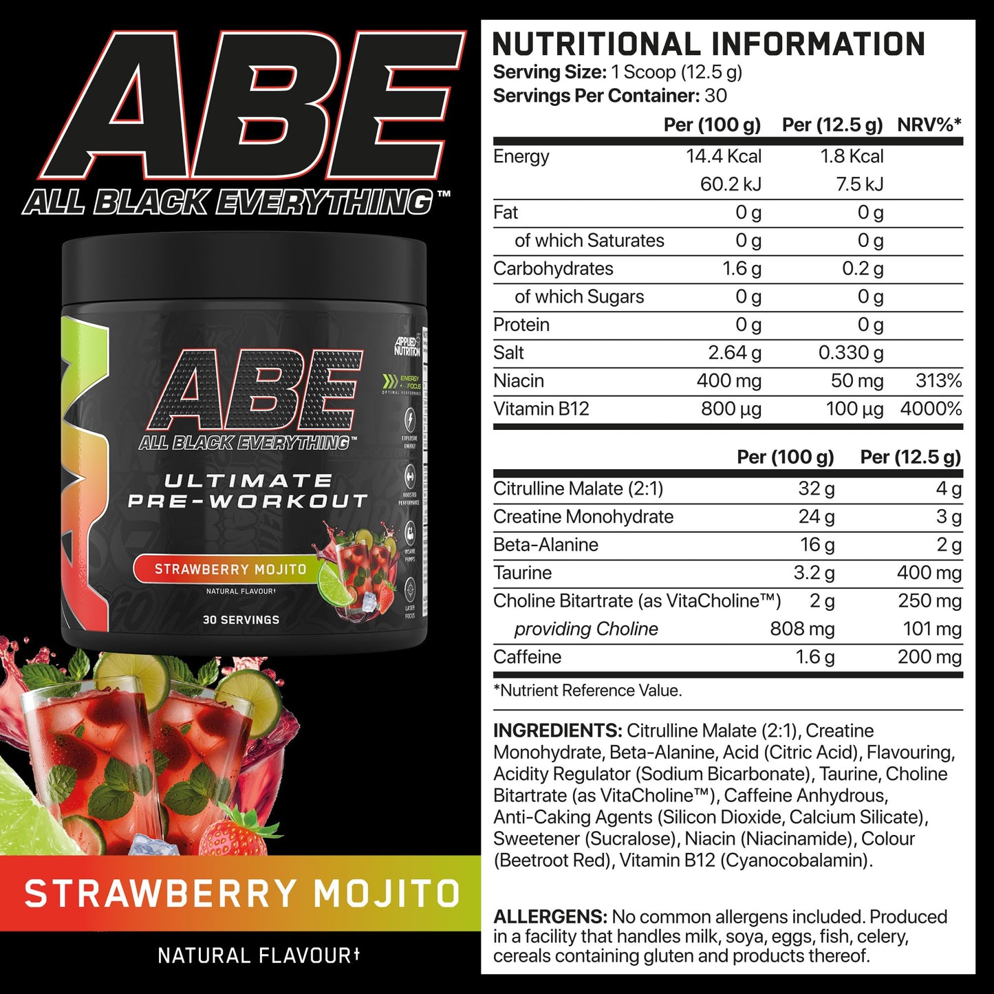 Applied Nutrition ABE Pre Workout - All Black Everything Pre Workout Powder, Energy & Physical Performance with Citrulline, Creatine, Beta Alanine (375g - 30 Servings) (Cherry Cola)