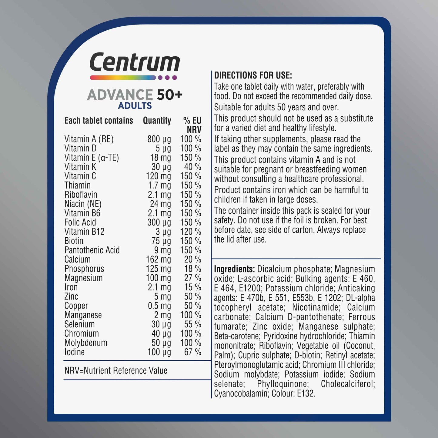 Centrum Advance 50+ Multivitamin Tablets for Men and Women, 100 Tablets, Vitamins with 24 Essential Nutrients, including Vitamin C, D, and Zinc (Packaging and Tablet colour may vary slightly)