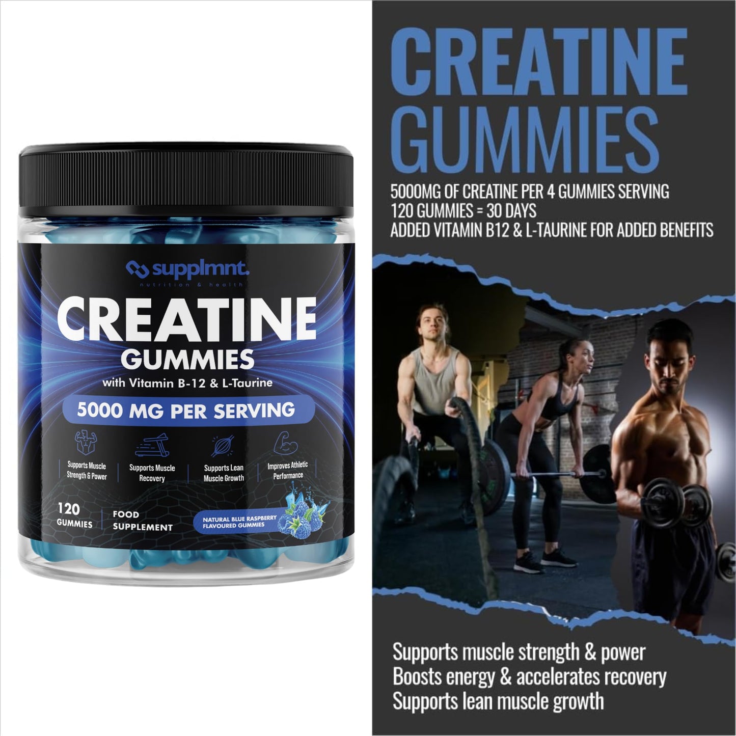 Creatine 120 Gummies Max 5000mg for Men & Women Creatine Monohydrate Plus B12 and L-Taurine Chewable Gummies, Blueberry Flavour 1 Month Supply (1 Count (Pack of 120), Blueberry)