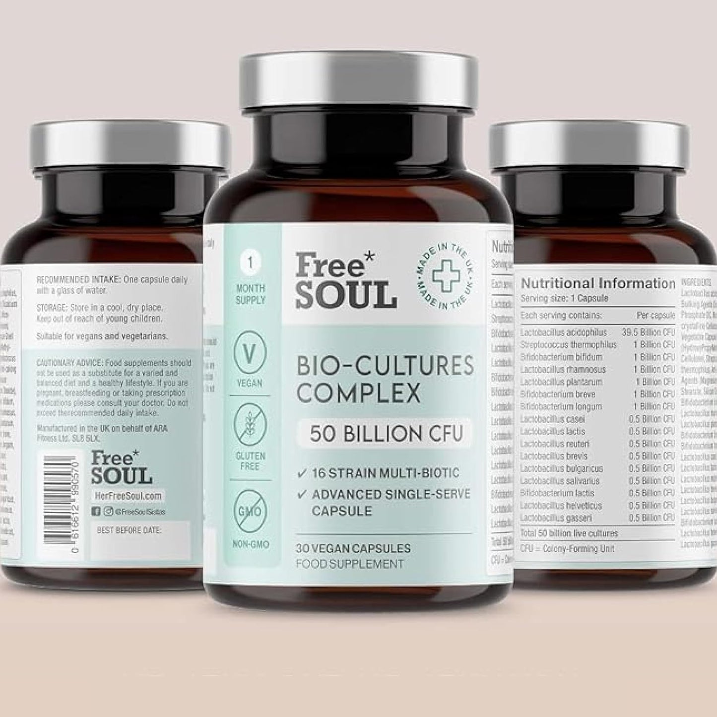 Free Soul 50 Billion CFU Pro Bio Cultures Complex with 16 Live Strains – Advanced Single Capsule Serving with Multi Strain Formula – Vegan Digestive Enzyme Supplement for Gut Health – 30 Capsules