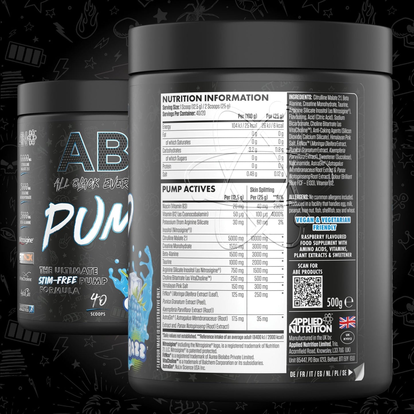 Applied Nutrition ABE Pump Pre Workout - All Black Everything Stim Free Pump Pre Workout Powder | Pump, Energy & Strength with Citrulline, Creatine, Beta-Alanine (500g - 40 Servings) (Tigers Blood)