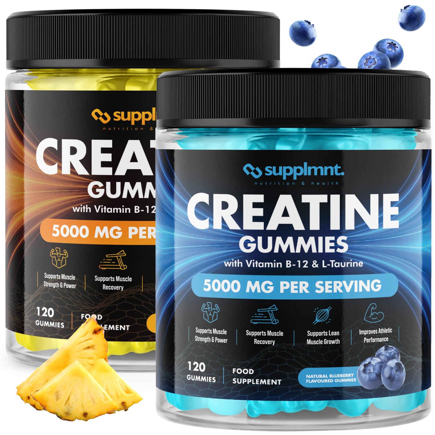 Creatine 120 Gummies Max 5000mg for Men & Women Creatine Monohydrate Plus B12 and L-Taurine Chewable Gummies, Blueberry Flavour 1 Month Supply (1 Count (Pack of 120), Blueberry)