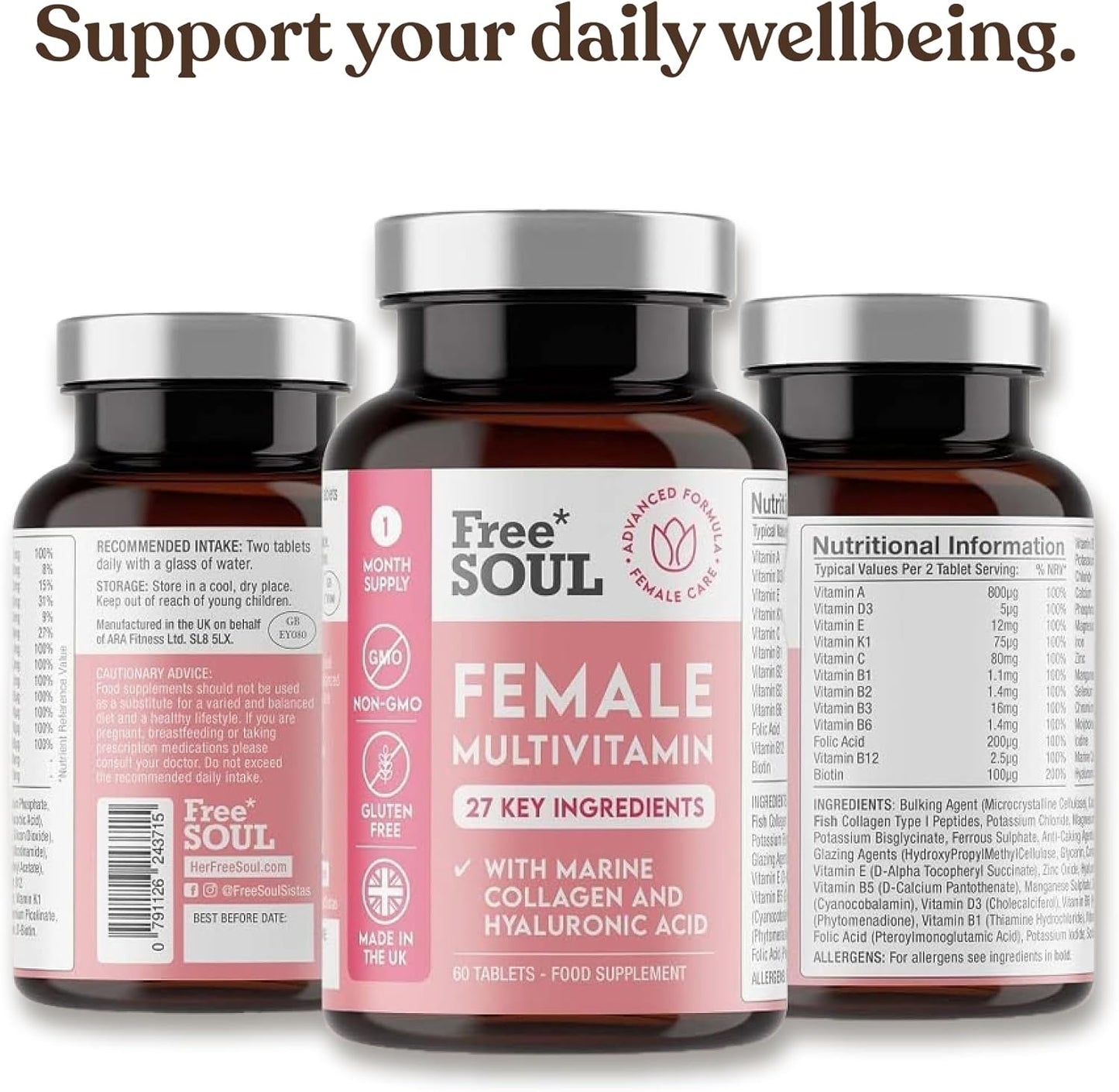 Women's Multivitamins & Minerals with Marine Collagen & Hyaluronic Acid – 27 Essential Vitamins, Minerals, & Botanicals – Gluten-Free & No Synthetic Fillers or Binders – 60 Tablets – Free Soul