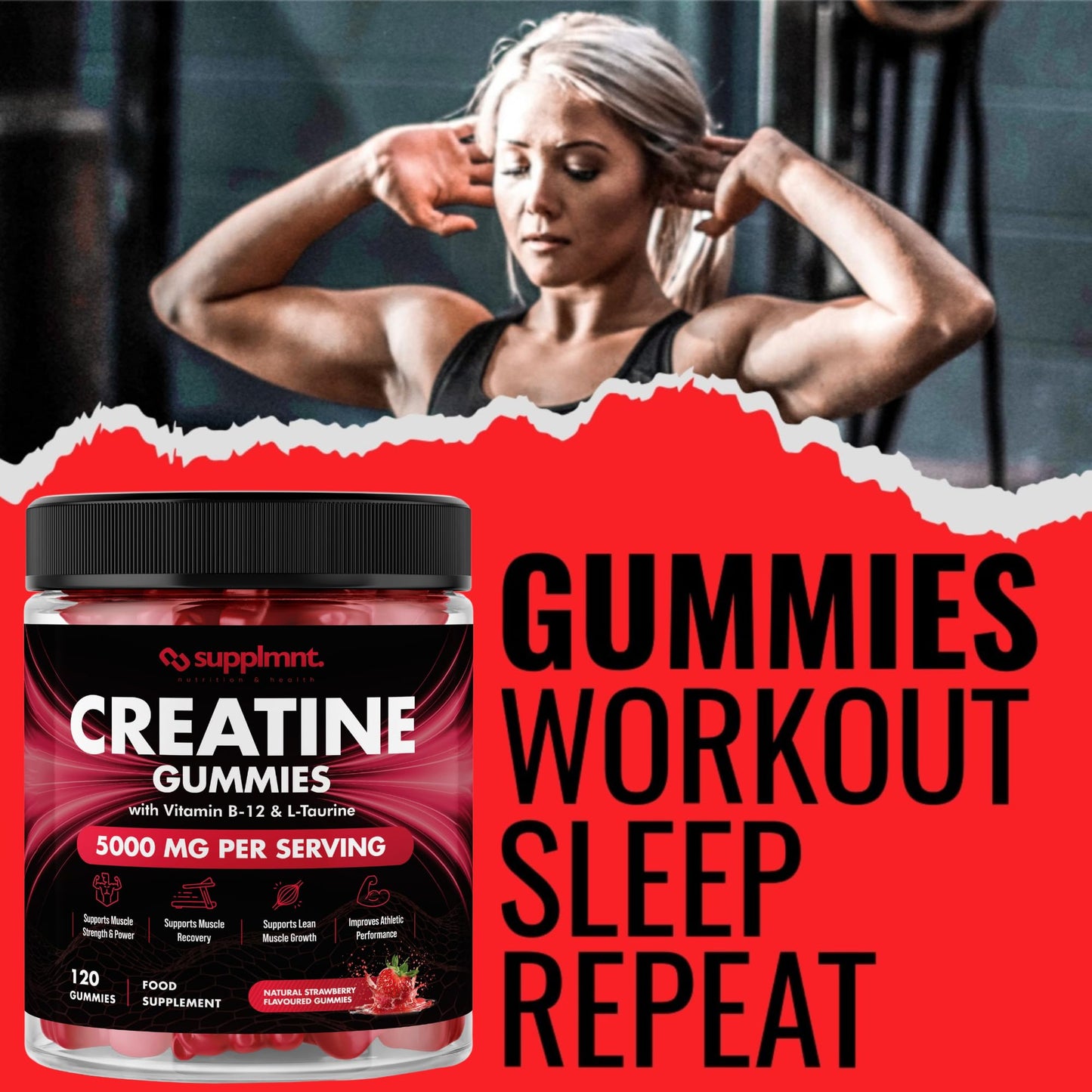 Creatine 120 Gummies Max 5000mg for Men & Women Creatine Monohydrate Plus B12 and L-Taurine Chewable Gummies, Blueberry Flavour 1 Month Supply (1 Count (Pack of 120), Blueberry)