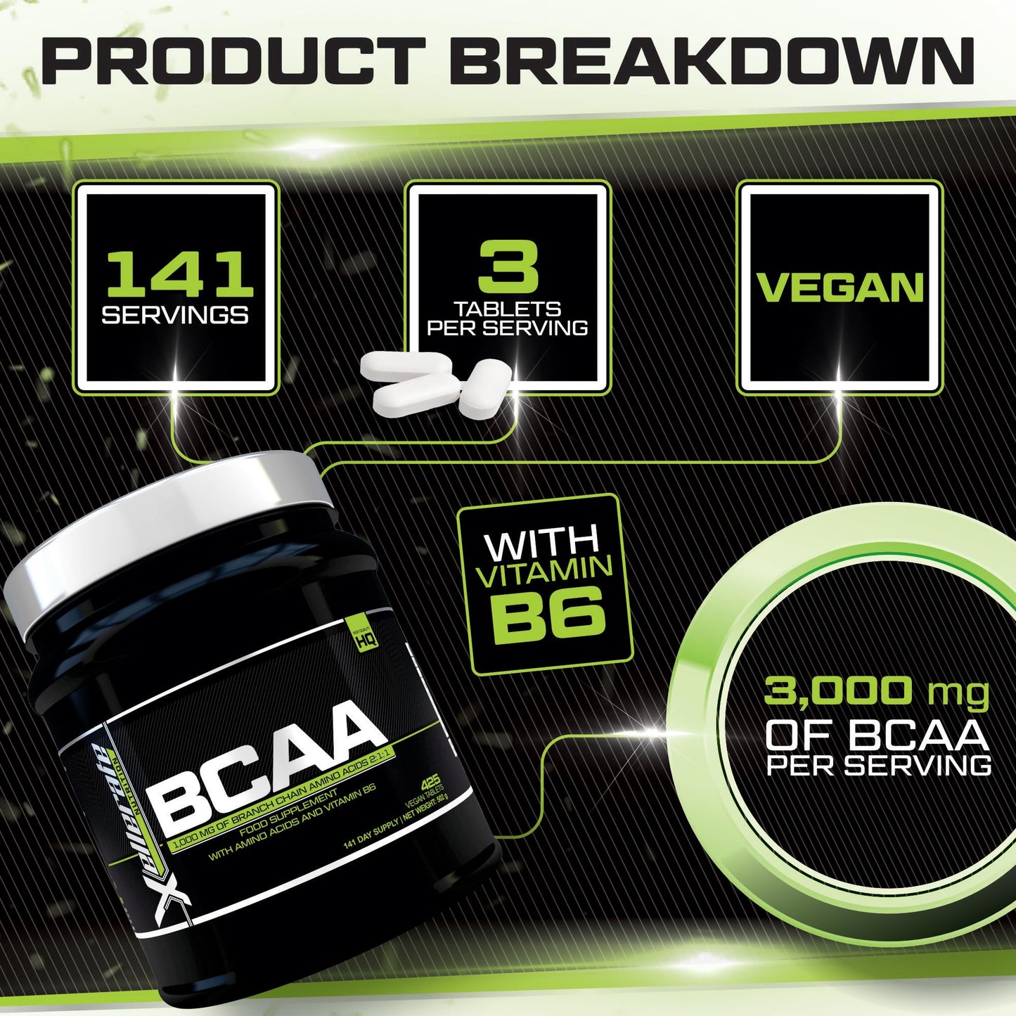 BCAA 2:1:1-3000mg per Serving - 425 Vegan Tablets (not Capsules or Powder) - 4.5 Month Supply - Pre Workout Branched Chain Amino Acids + Vitamin B6 - Made in The UK - Xellerate Nutrition