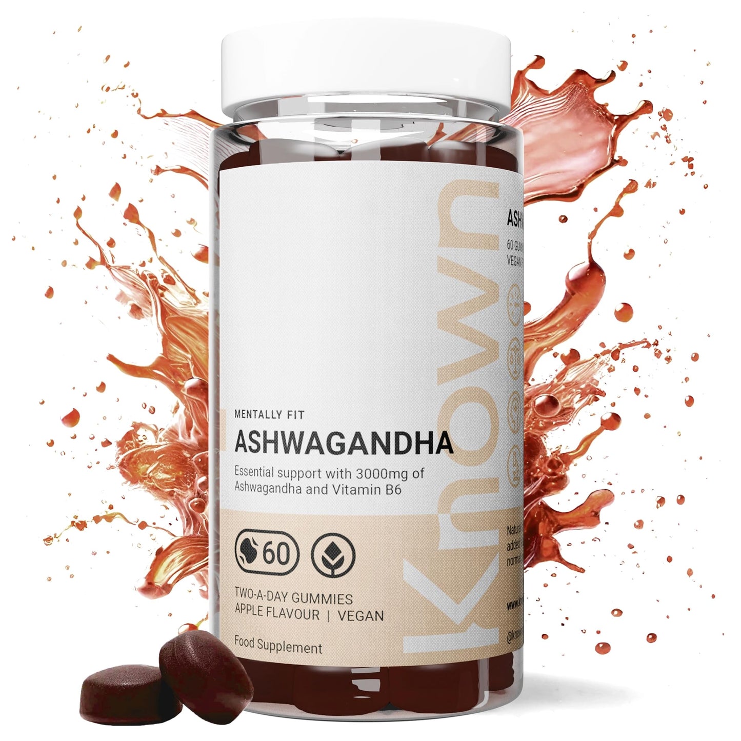 Known Ashwagandha Gummies 3000MG High Strength by Known Nutrition with Vitamin B6 | 60 Two-a-Day Gummies | Natural Botanical Extract | Natural Apple Flavour (1)