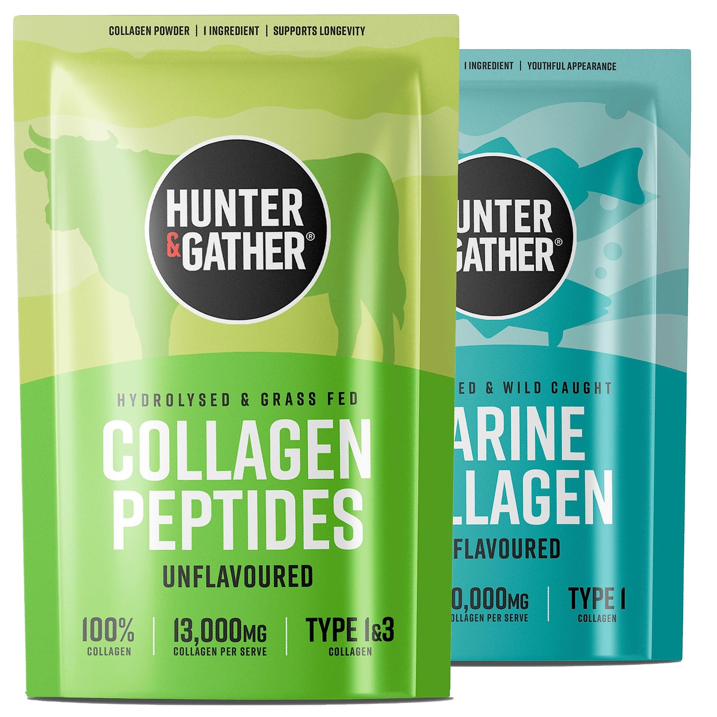 Hunter & Gather Bovine Collagen Powder Twin Pack | Pure Unflavoured Premium Hydrolysed Bovine Collagen Peptides Powder for Hair Skin Nails Muscles | Collagen Supplements for Women and Men