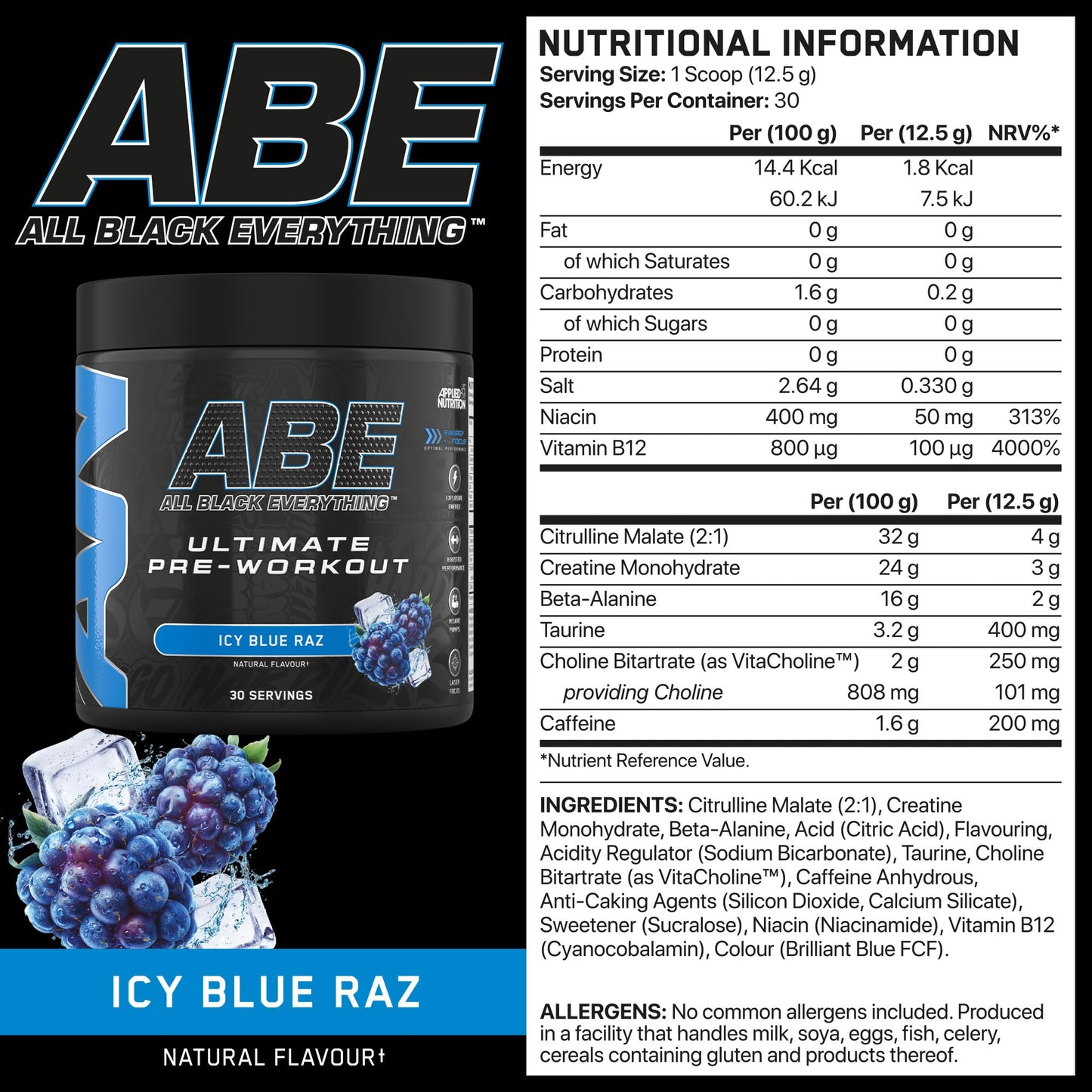 Applied Nutrition ABE Pre Workout - All Black Everything Pre Workout Powder, Energy & Physical Performance with Citrulline, Creatine, Beta Alanine (375g - 30 Servings) (Cherry Cola)