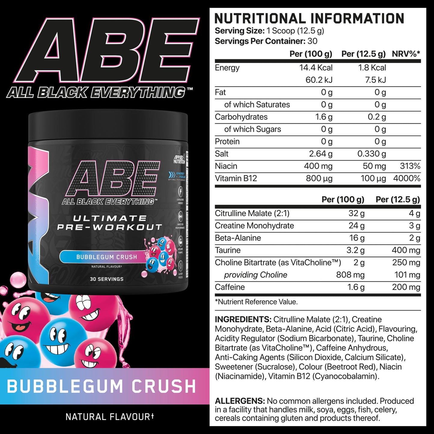 Applied Nutrition ABE Pre Workout - All Black Everything Pre Workout Powder, Energy & Physical Performance with Citrulline, Creatine, Beta Alanine (375g - 30 Servings) (Cherry Cola)