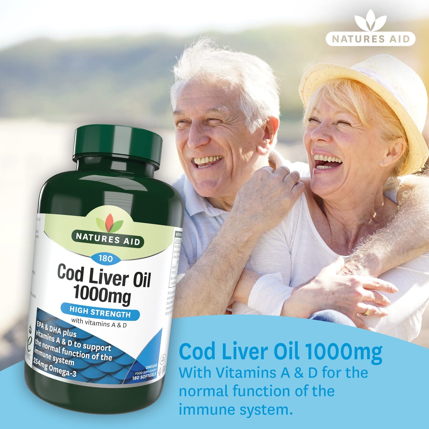 Natures Aid Cod Liver Oil, 1000 mg, 180 Softgel Capsules (High Strength, 254 mg Omega-3 with Vitamins A and D for Normal Function of the Immune System, Made in the UK)