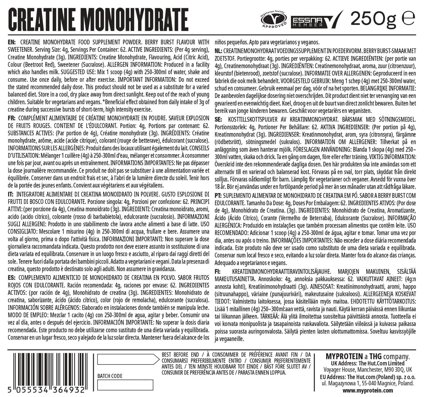 MyProtein Creatine Monohydrate Powder - 250g - Unflavoured Creatine Powder - Scientifically Proven to Help Increase Power and Physical Performance