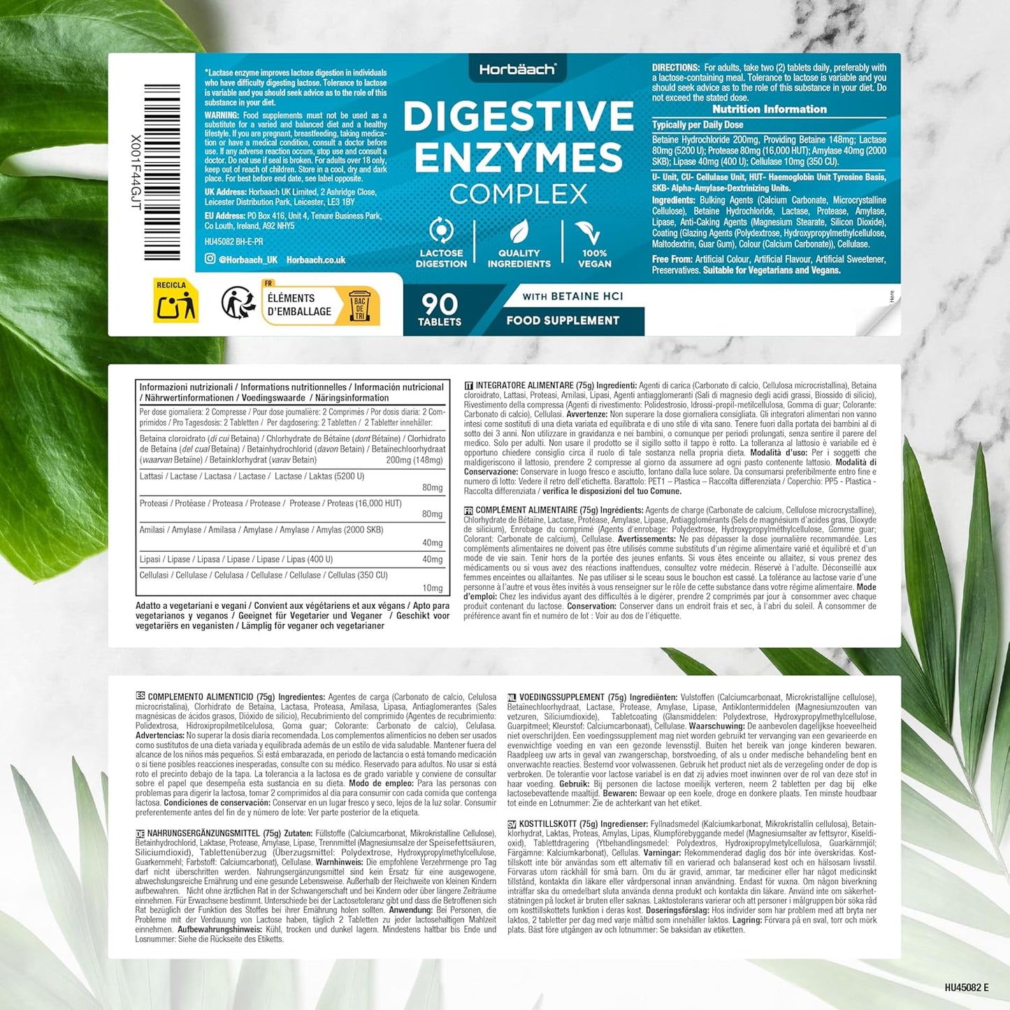 Digestive Enzymes Supplements with Betaine Hydrochloride | Complex Providing Amylase, Lactase & Lipase | 90 Vegan Tablets | High Strength | by Horbaach